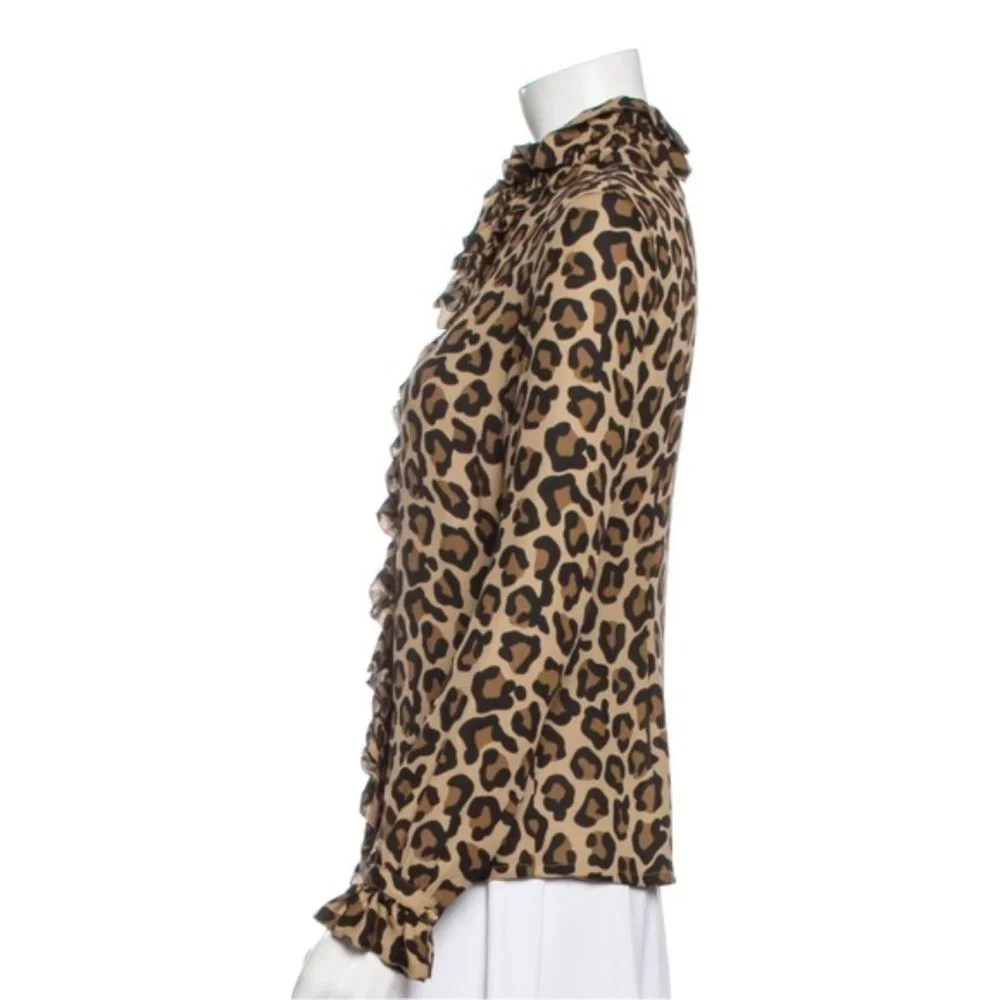 Tory Burch Leopard 100% Silk Ruffle Long Sleeve Blouse NWOT sz 6